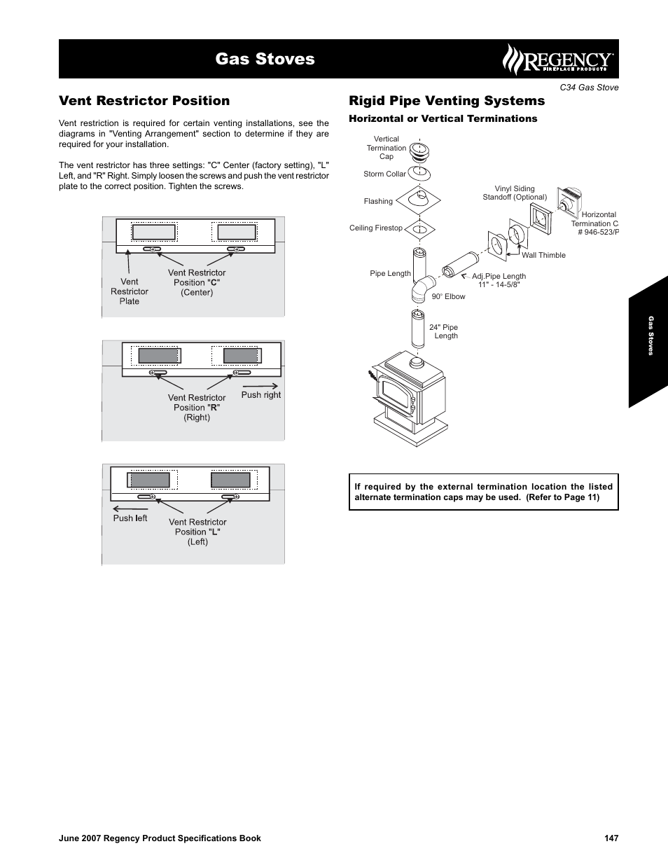 Gas stoves, Vent restrictor position, Rigid pipe venting systems | Regency C34 User Manual | Page 3 / 5