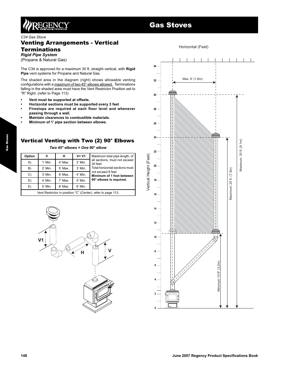 Gas stoves, Venting arrangements - vertical terminations, Vertical venting with two (2) 90° elbows | Regency C34 User Manual | Page 4 / 5