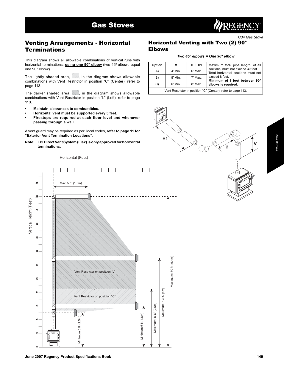 Gas stoves, Venting arrangements - horizontal terminations, Horizontal venting with two (2) 90° elbows | Regency C34 User Manual | Page 5 / 5
