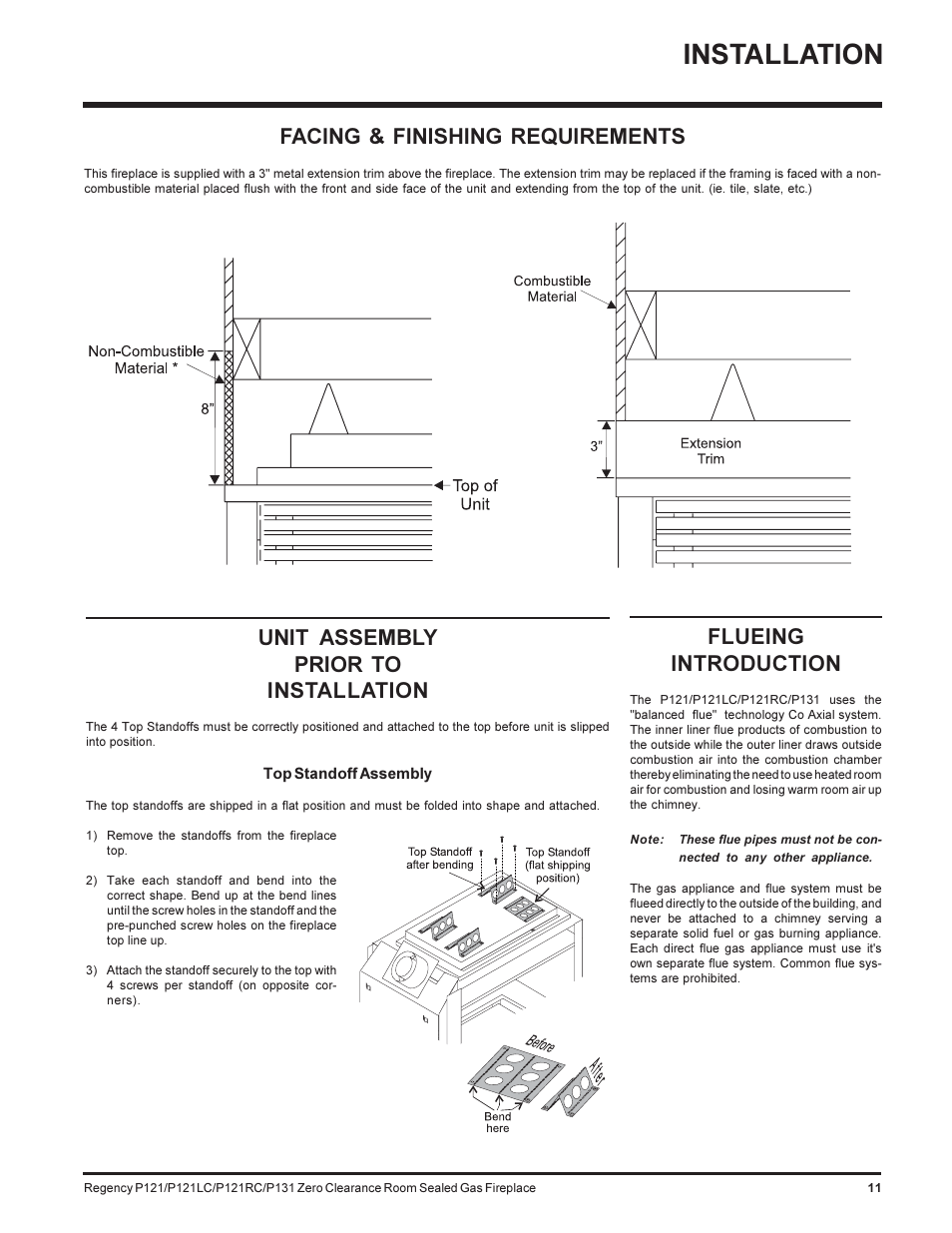 Installation, Flueing introduction, Unit assembly prior to installation | Facing & finishing requirements | Regency SEE THRU P121-NG User Manual | Page 11 / 40