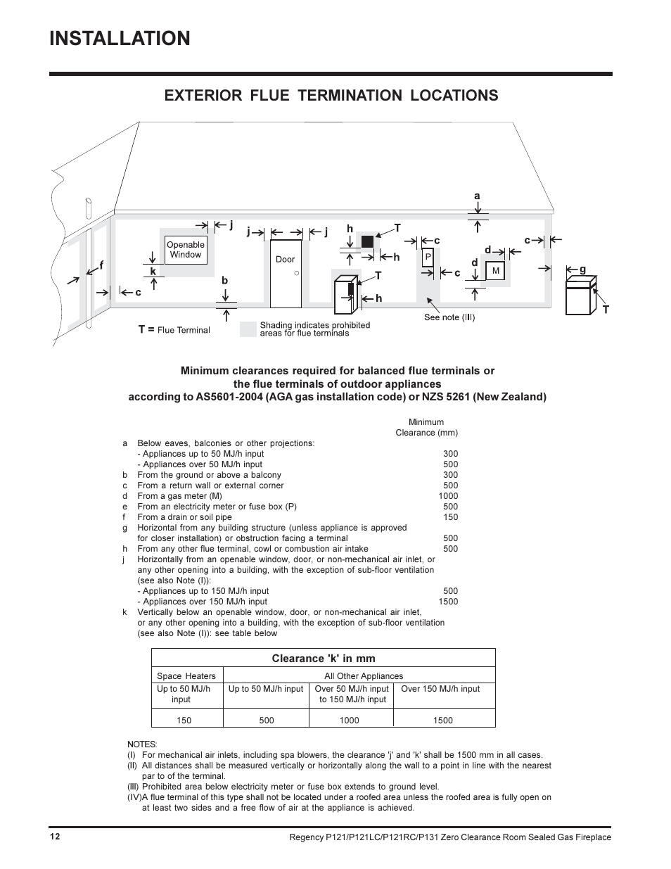 Installation, Exterior flue termination locations | Regency SEE THRU P121-NG User Manual | Page 12 / 40