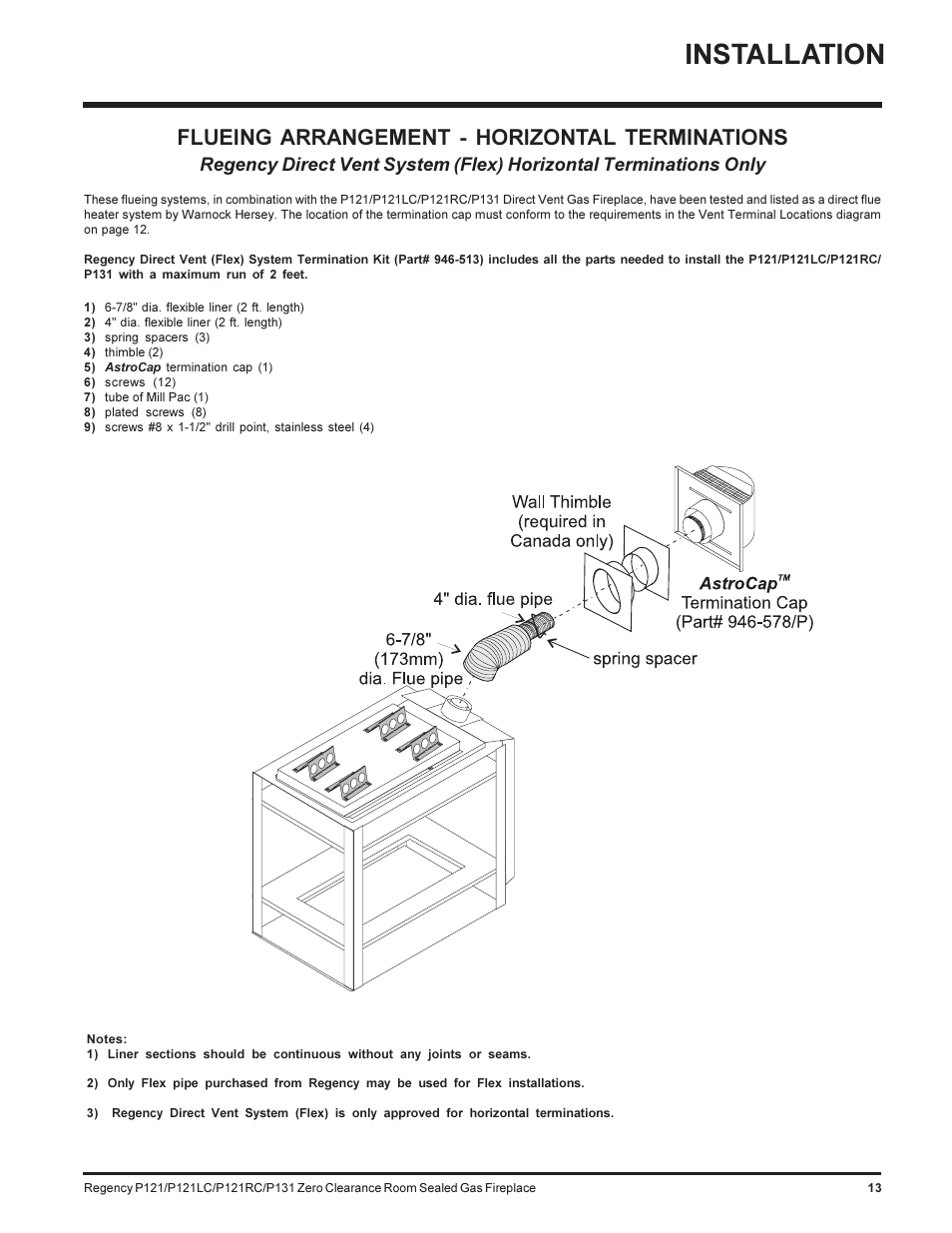 Installation, Flueing arrangement - horizontal terminations | Regency SEE THRU P121-NG User Manual | Page 13 / 40