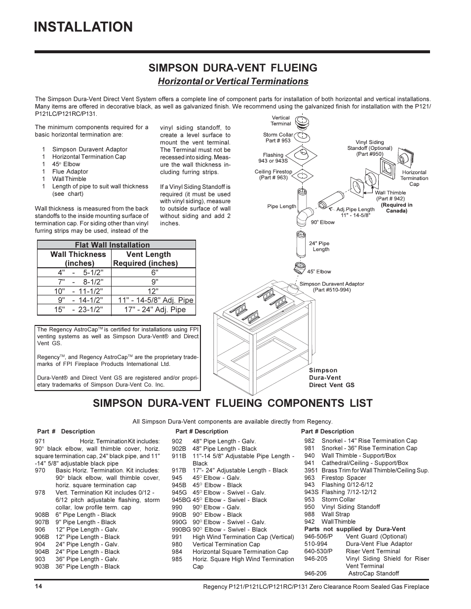 Installation, Simpson dura-vent flueing components list, Simpson dura-vent flueing | Horizontal or vertical terminations | Regency SEE THRU P121-NG User Manual | Page 14 / 40