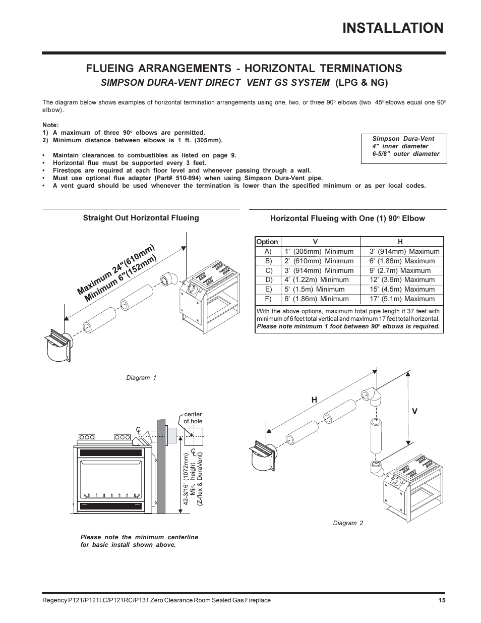 Installation, Flueing arrangements - horizontal terminations, Simpson dura-vent direct vent gs system (lpg & ng) | Regency SEE THRU P121-NG User Manual | Page 15 / 40