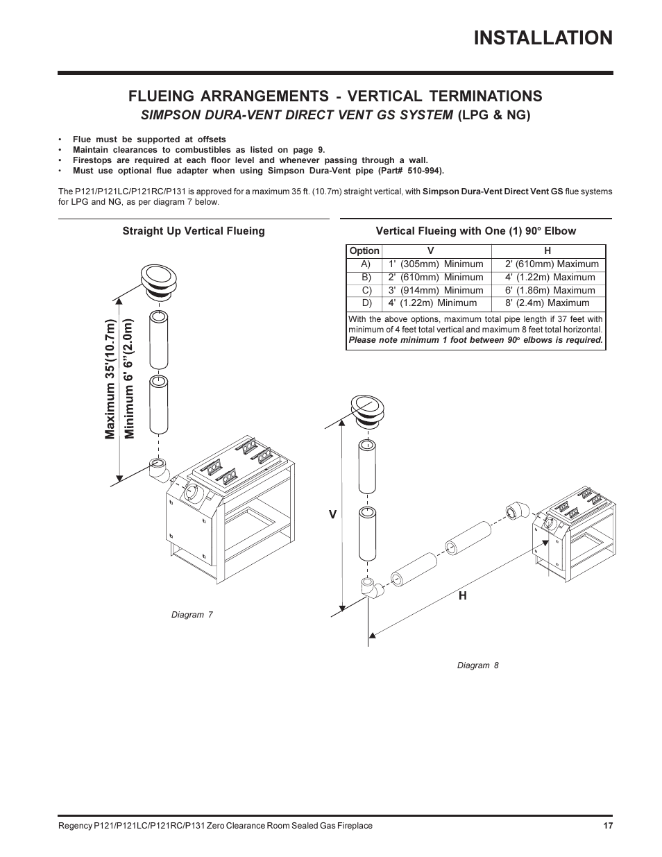 Installation, Flueing arrangements - vertical terminations, Simpson dura-vent direct vent gs system | Lpg & ng) | Regency SEE THRU P121-NG User Manual | Page 17 / 40