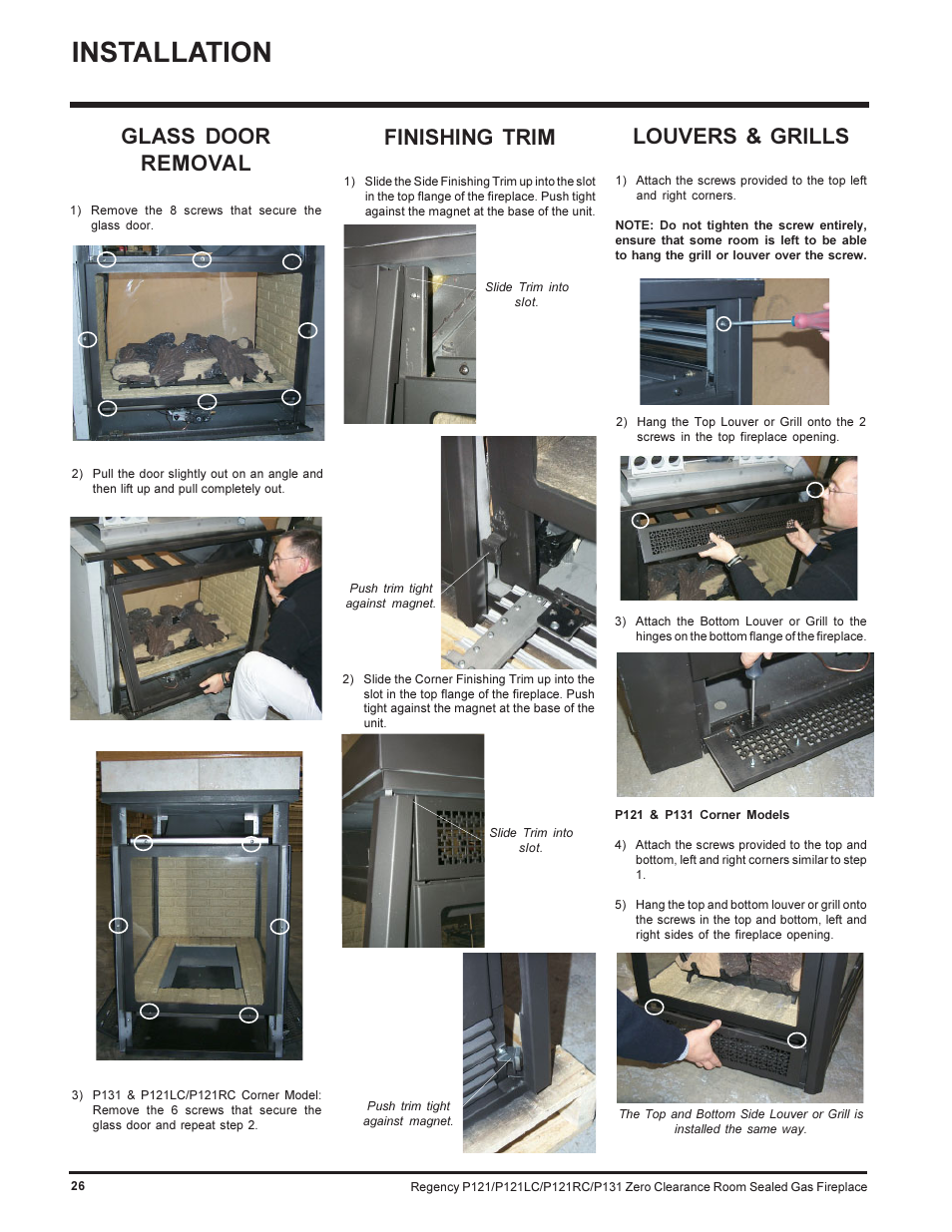 Installation, Glass door removal, Finishing trim | Louvers & grills | Regency SEE THRU P121-NG User Manual | Page 26 / 40