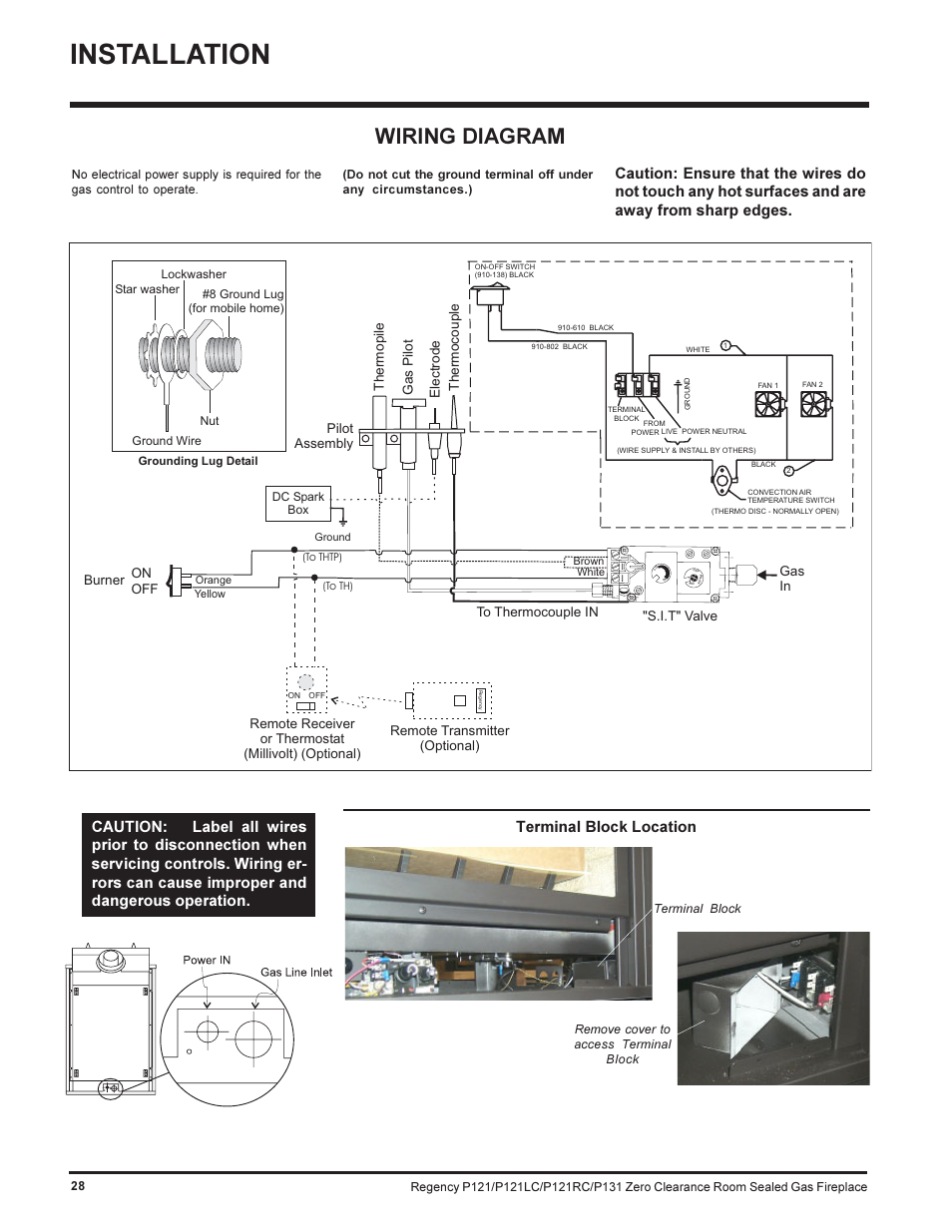 Installation, Wiring diagram, Terminal block location | Regency SEE THRU P121-NG User Manual | Page 28 / 40