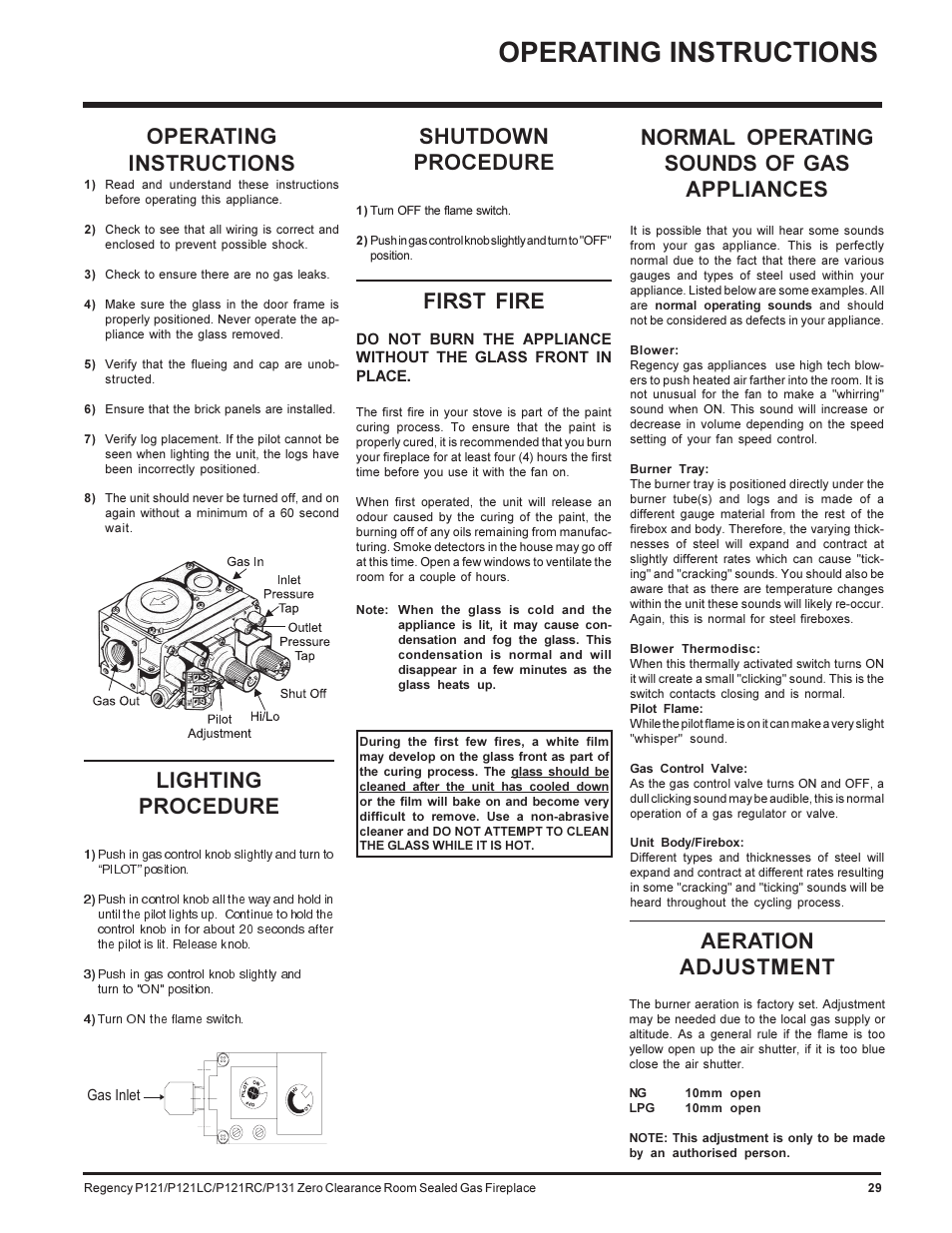 Operating instructions, Lighting procedure, Shutdown procedure | First fire, Normal operating sounds of gas appliances, Aeration adjustment | Regency SEE THRU P121-NG User Manual | Page 29 / 40