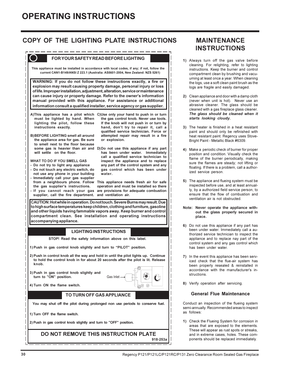 Operating instructions, Maintenance instructions, Copy of the lighting plate instructions | Do not remove this instruction plate | Regency SEE THRU P121-NG User Manual | Page 30 / 40