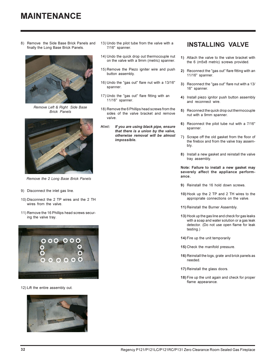 Maintenance, Installing valve | Regency SEE THRU P121-NG User Manual | Page 32 / 40