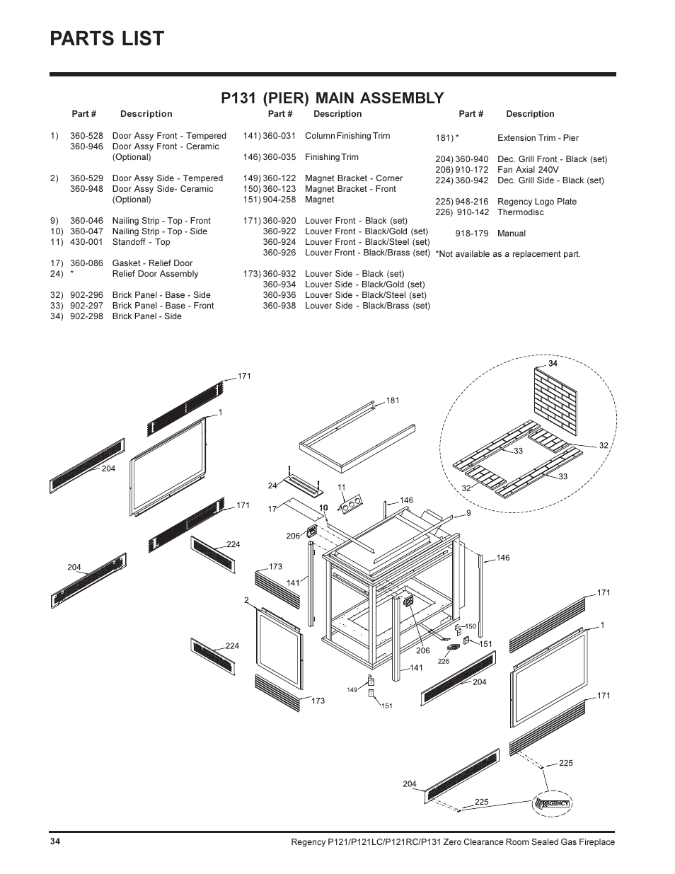 Parts list, P131 (pier) main assembly | Regency SEE THRU P121-NG User Manual | Page 34 / 40