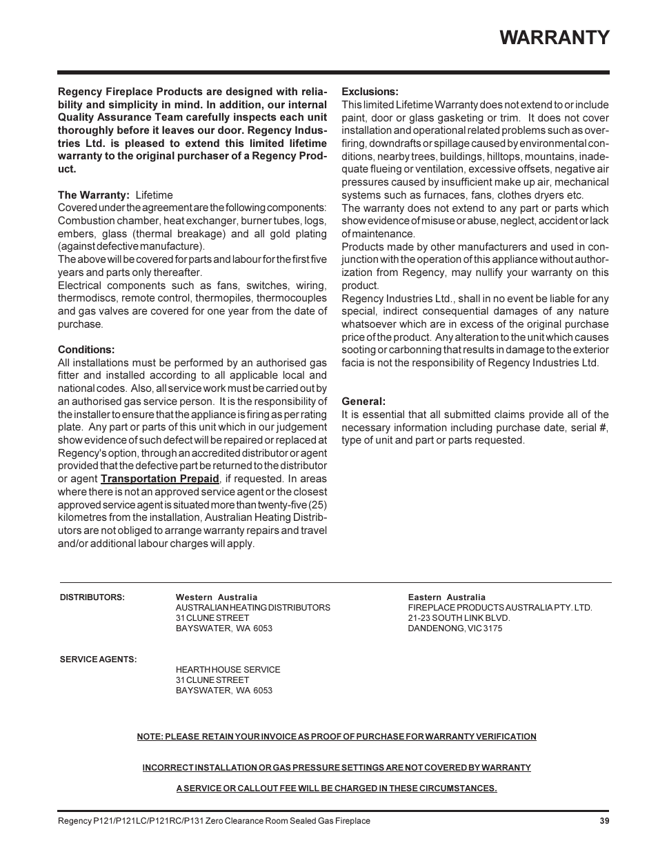 Warranty | Regency SEE THRU P121-NG User Manual | Page 39 / 40