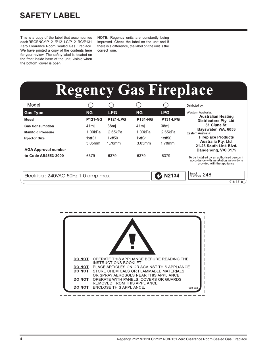 Safety label | Regency SEE THRU P121-NG User Manual | Page 4 / 40