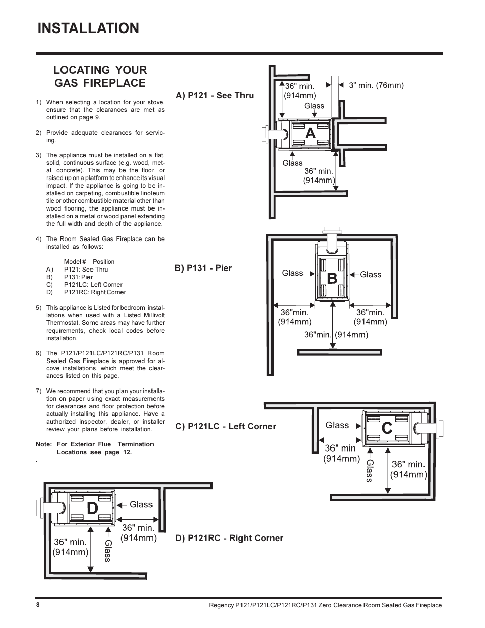 Installation, Locating your gas fireplace | Regency SEE THRU P121-NG User Manual | Page 8 / 40