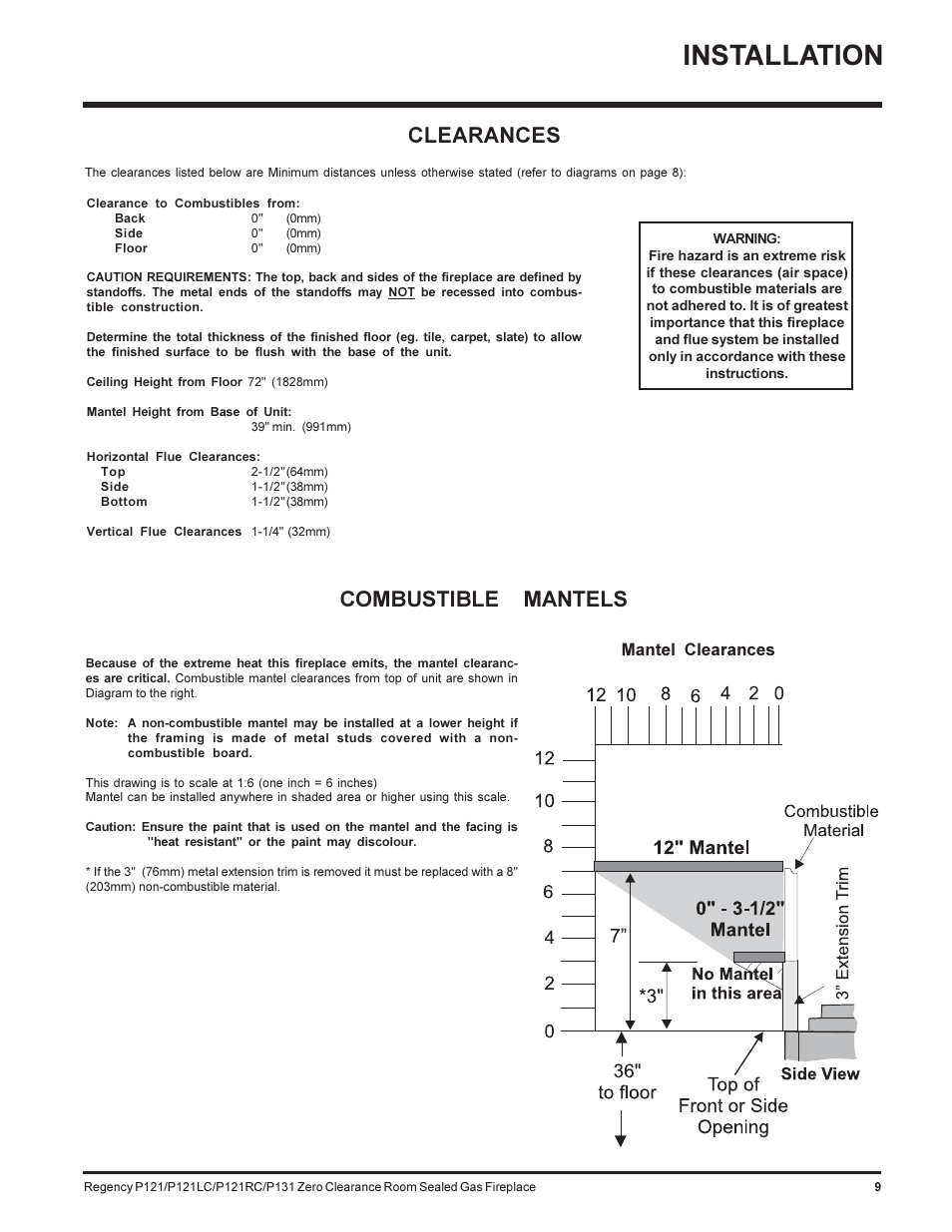 Installation, Combustible mantels clearances, Mantel clearances | Regency SEE THRU P121-NG User Manual | Page 9 / 40