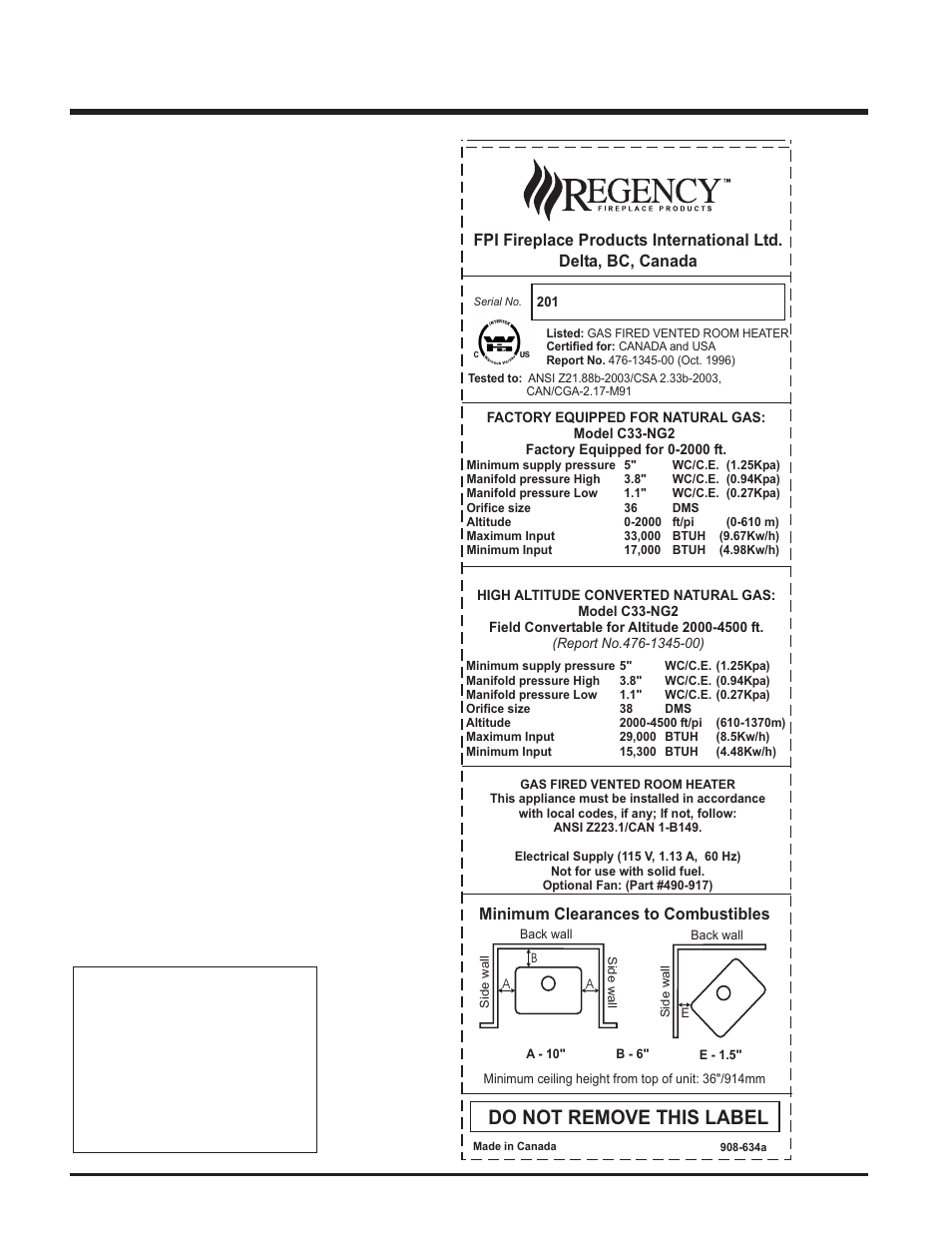 Safety label, Do not remove this label | Regency C33-LP2 User Manual | Page 4 / 24