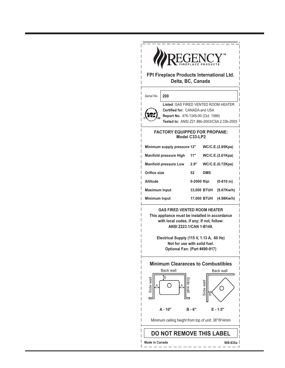 Safety label, Do not remove this label, Minimum clearances to combustibles | Regency C33-LP2 User Manual | Page 5 / 24