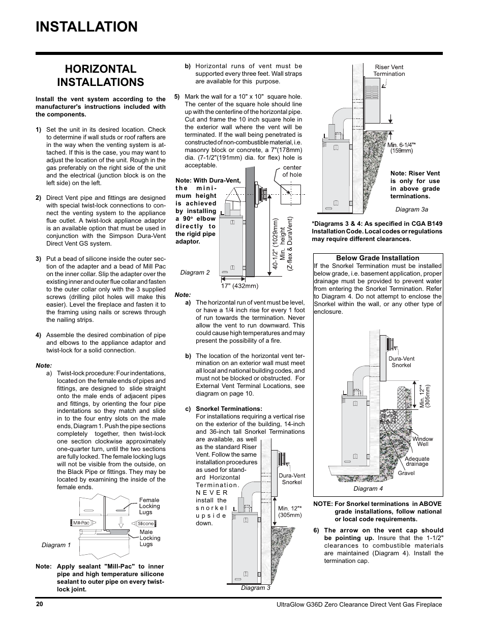 Installation, Horizontal installations | Regency ULTRAGLOOW G36D-LP PROPANE User Manual | Page 20 / 40