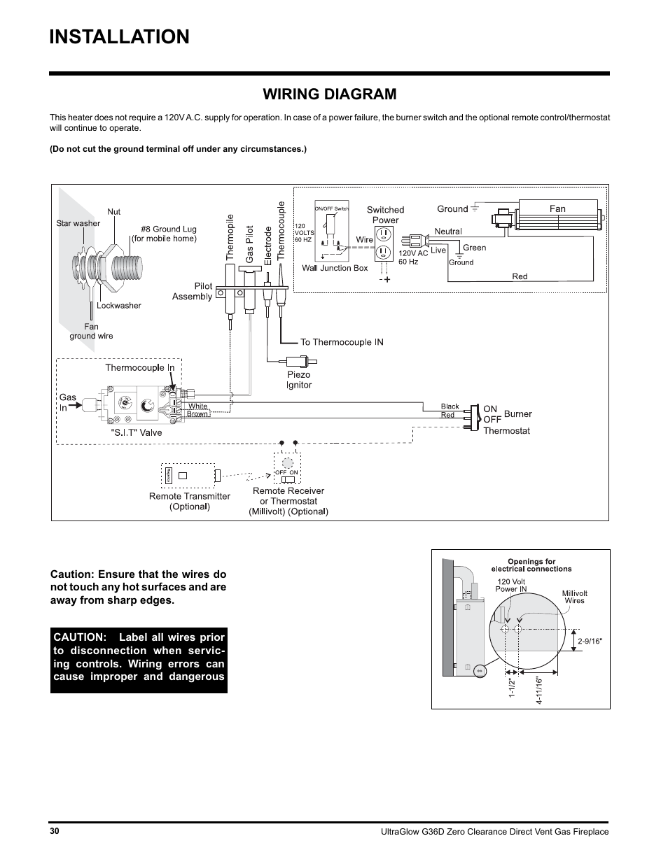 Installation, Wiring diagram | Regency ULTRAGLOOW G36D-LP PROPANE User Manual | Page 30 / 40