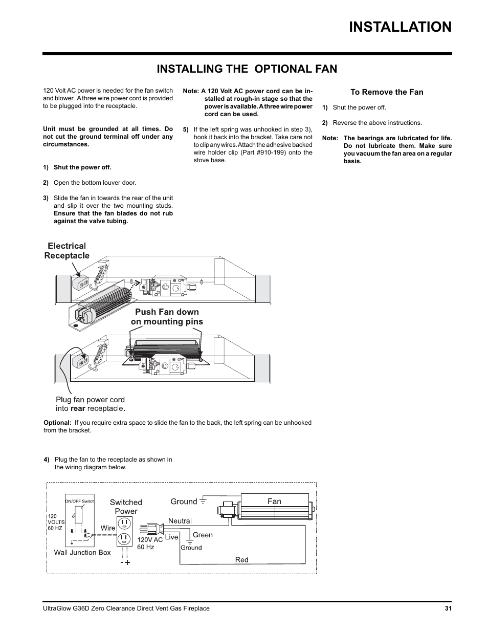 Installation, Installing the optional fan | Regency ULTRAGLOOW G36D-LP PROPANE User Manual | Page 31 / 40