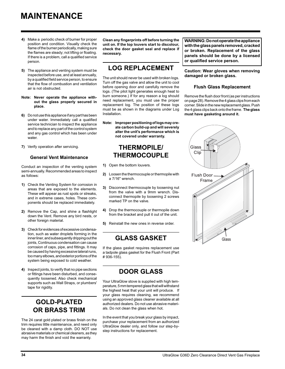 Maintenance, Gold-plated or brass trim, Log replacement | Thermopile/ thermocouple, Glass gasket, Door glass | Regency ULTRAGLOOW G36D-LP PROPANE User Manual | Page 34 / 40