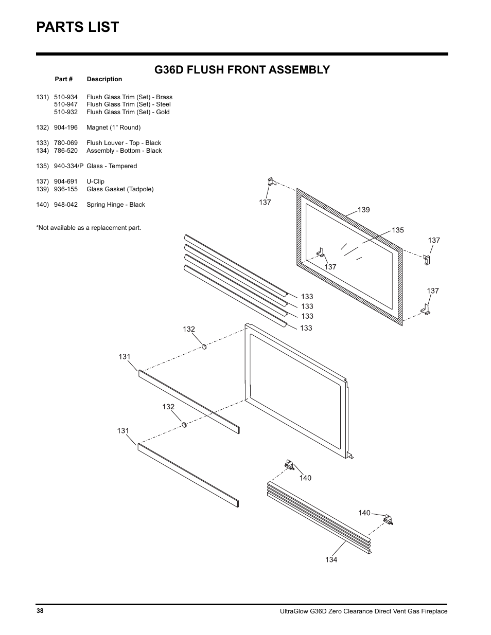 Parts list, G36d flush front assembly | Regency ULTRAGLOOW G36D-LP PROPANE User Manual | Page 38 / 40
