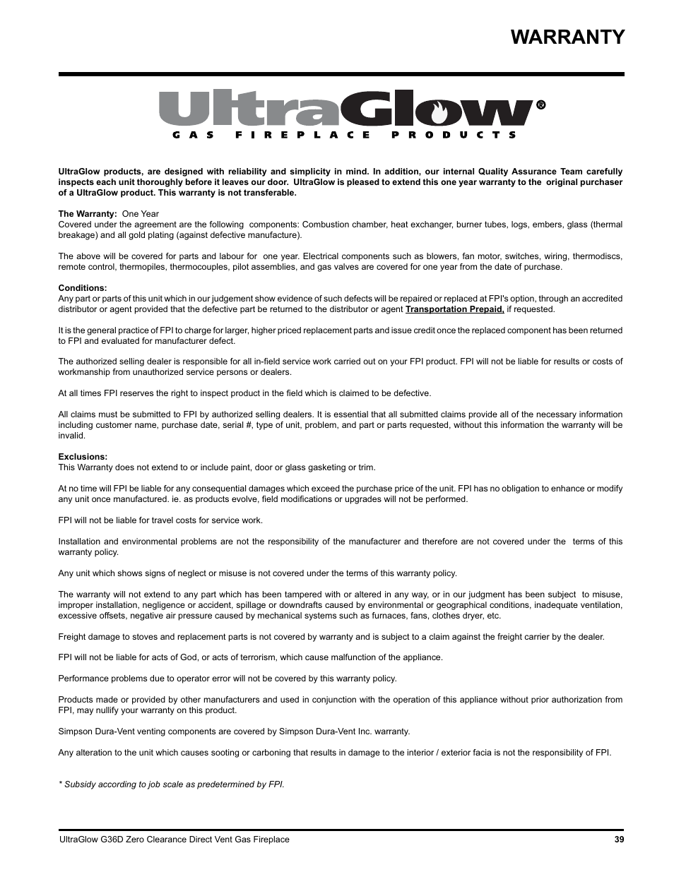 Warranty | Regency ULTRAGLOOW G36D-LP PROPANE User Manual | Page 39 / 40