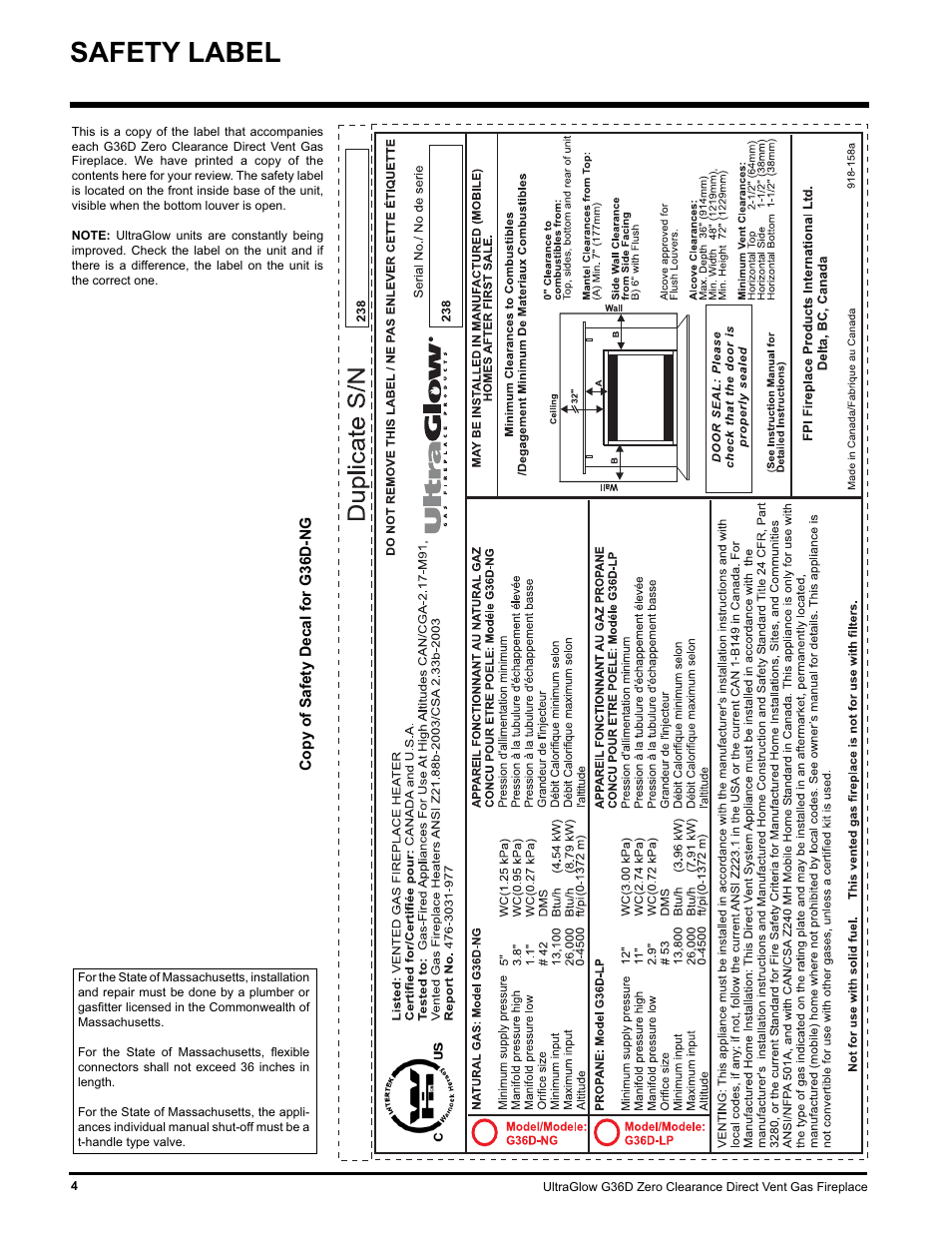 Safety label | Regency ULTRAGLOOW G36D-LP PROPANE User Manual | Page 4 / 40