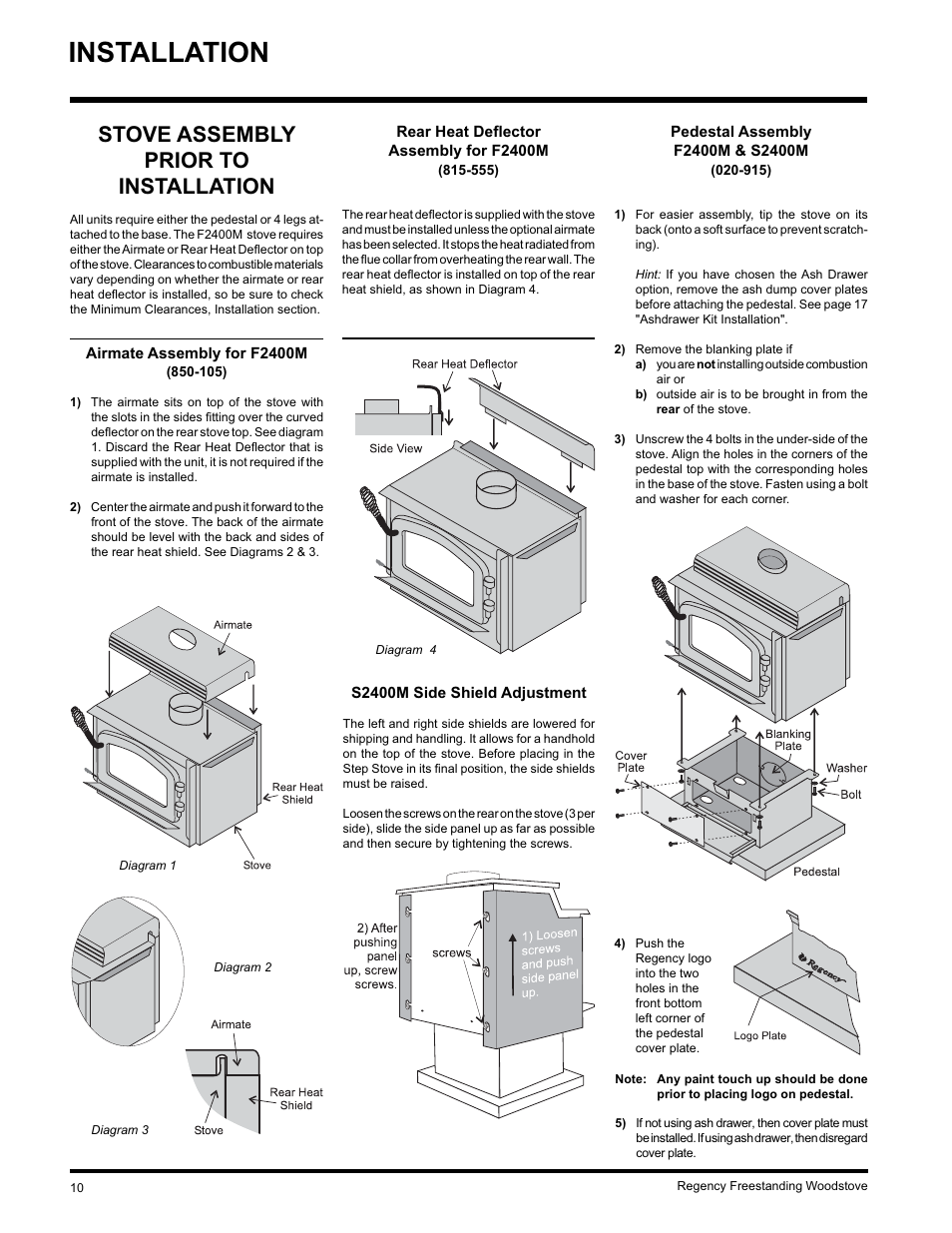 Installation, Stove assembly prior to installation | Regency S2400M User Manual | Page 10 / 28