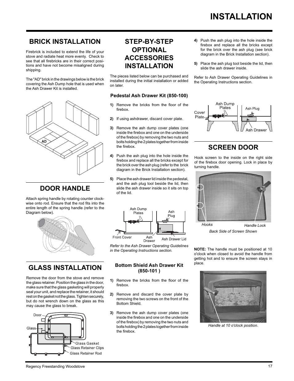 Installation, Glass installation, Brick installation | Door handle, Step-by-step optional accessories installation, Screen door | Regency S2400M User Manual | Page 17 / 28