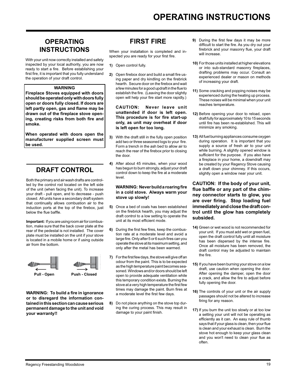 Operating instructions, Draft control, First fire | Regency S2400M User Manual | Page 19 / 28