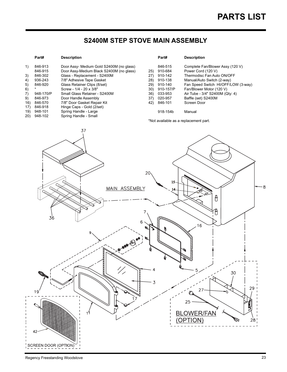 Parts list, S2400m step stove main assembly | Regency S2400M User Manual | Page 23 / 28