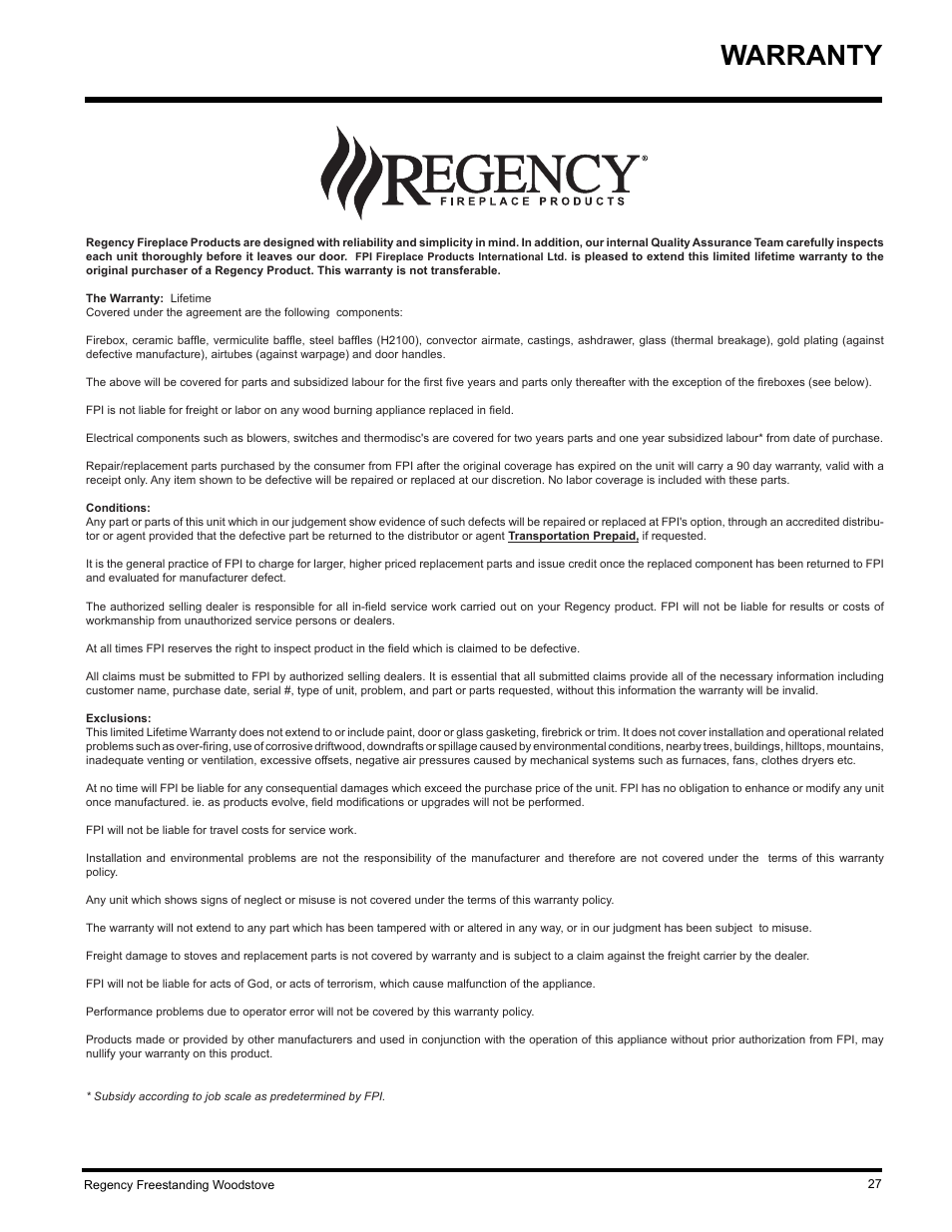 Warranty | Regency S2400M User Manual | Page 27 / 28