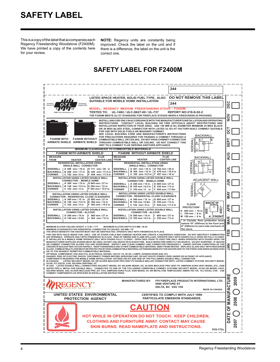 Safety label, Caution, Safety label for f2400m | Da te of manuf acture | Regency S2400M User Manual | Page 4 / 28