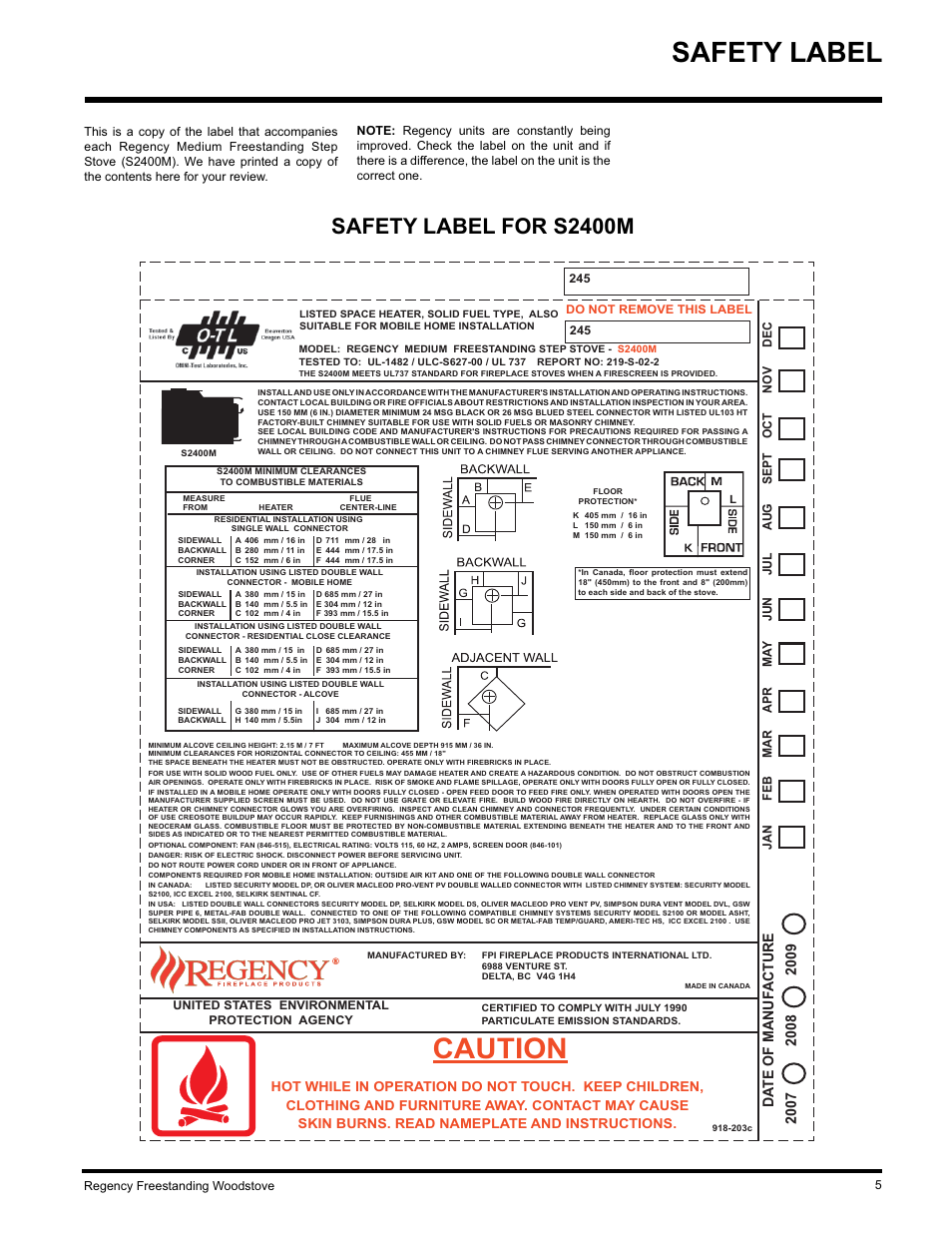 Safety label, Caution, Safety label for s2400m | Da te of manuf acture | Regency S2400M User Manual | Page 5 / 28