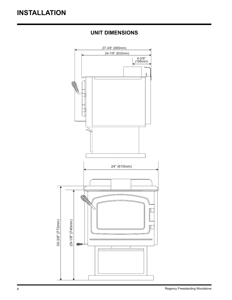 Installation, Unit dimensions | Regency S2400M User Manual | Page 6 / 28