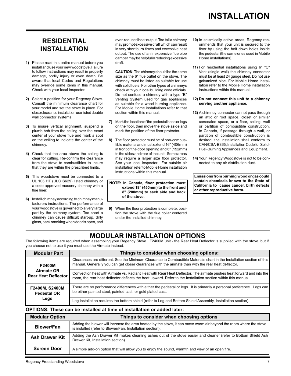 Installation, Residential installation, Modular installation options | Regency S2400M User Manual | Page 7 / 28