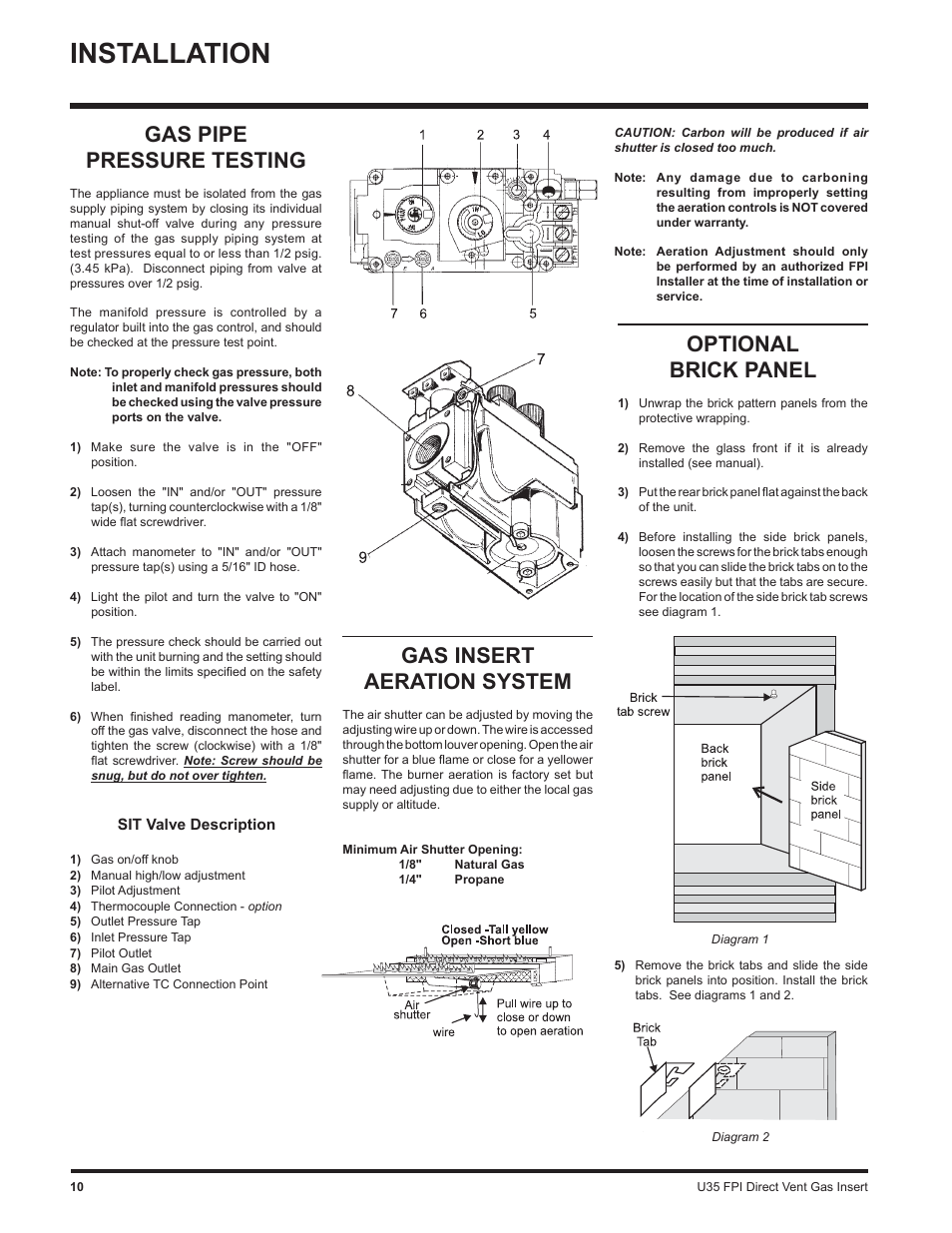 Installation, Optional brick panel, Gas pipe pressure testing | Gas insert aeration system | Regency Gas Insert U35-NG1 User Manual | Page 10 / 32