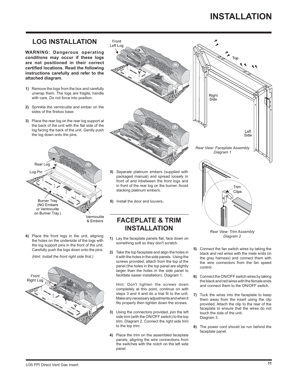 Installation, Faceplate & trim installation, Log installation | Regency Gas Insert U35-NG1 User Manual | Page 11 / 32