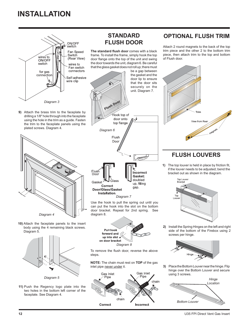 Installation, Standard flush door, Optional flush trim | Flush louvers | Regency Gas Insert U35-NG1 User Manual | Page 12 / 32
