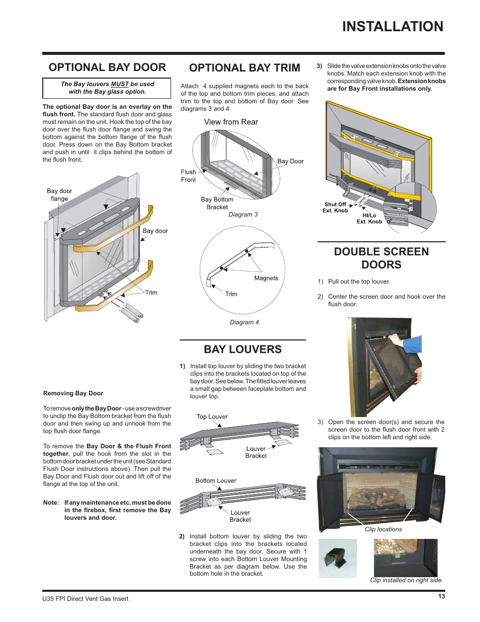 Installation, Bay louvers, Optional bay door | Optional bay trim, Double screen doors | Regency Gas Insert U35-NG1 User Manual | Page 13 / 32