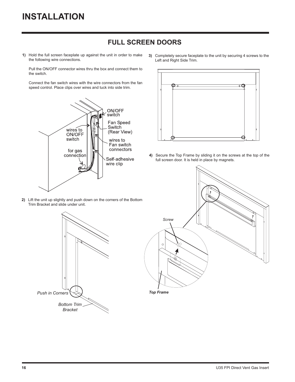 Installation, Full screen doors | Regency Gas Insert U35-NG1 User Manual | Page 16 / 32