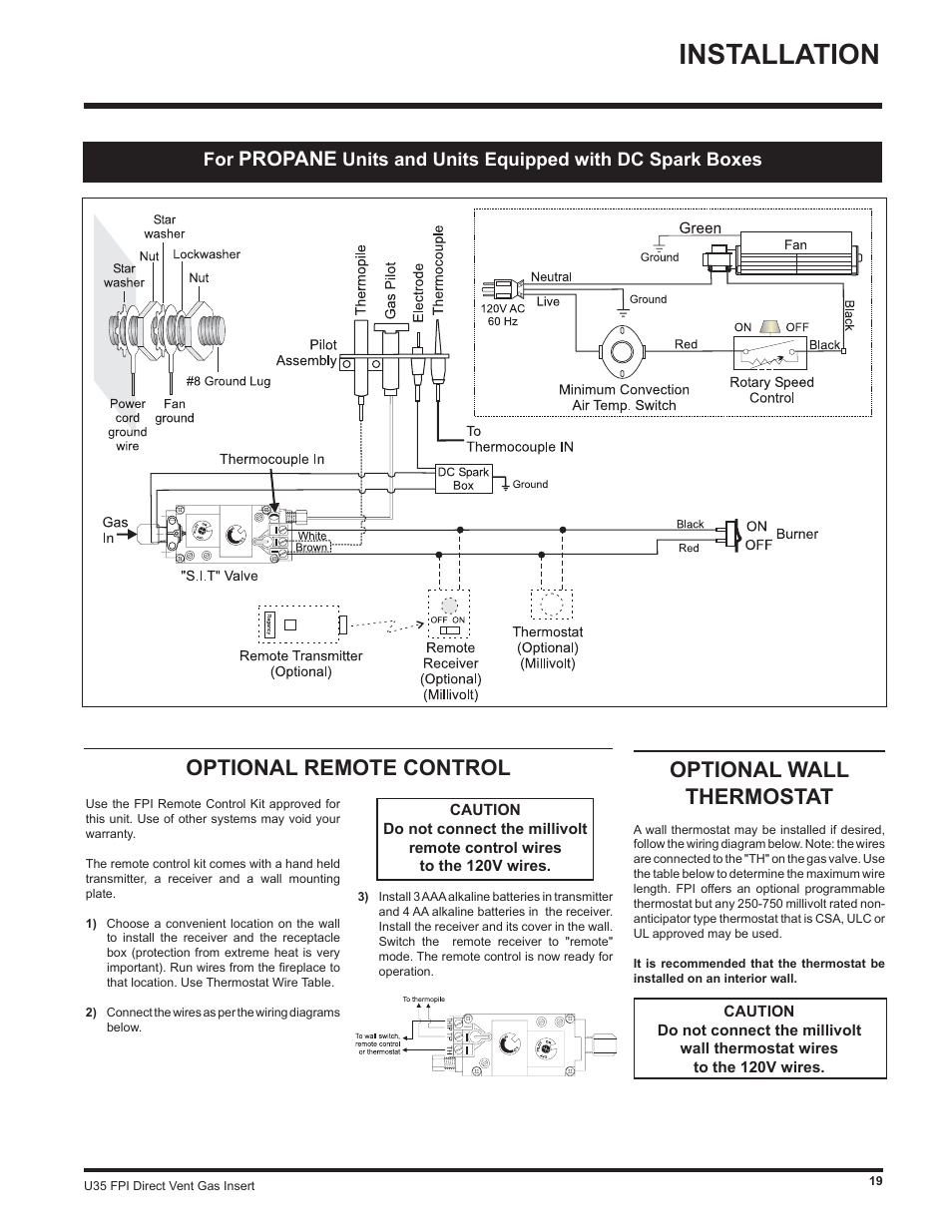 Installation, Optional remote control optional wall thermostat, Propane | Regency Gas Insert U35-NG1 User Manual | Page 19 / 32