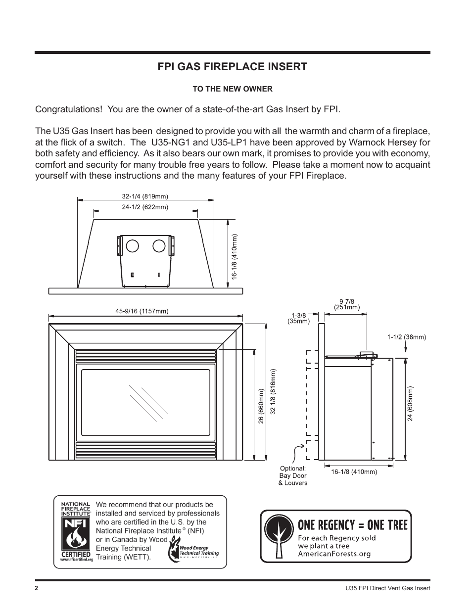 Fpi gas fireplace insert | Regency Gas Insert U35-NG1 User Manual | Page 2 / 32