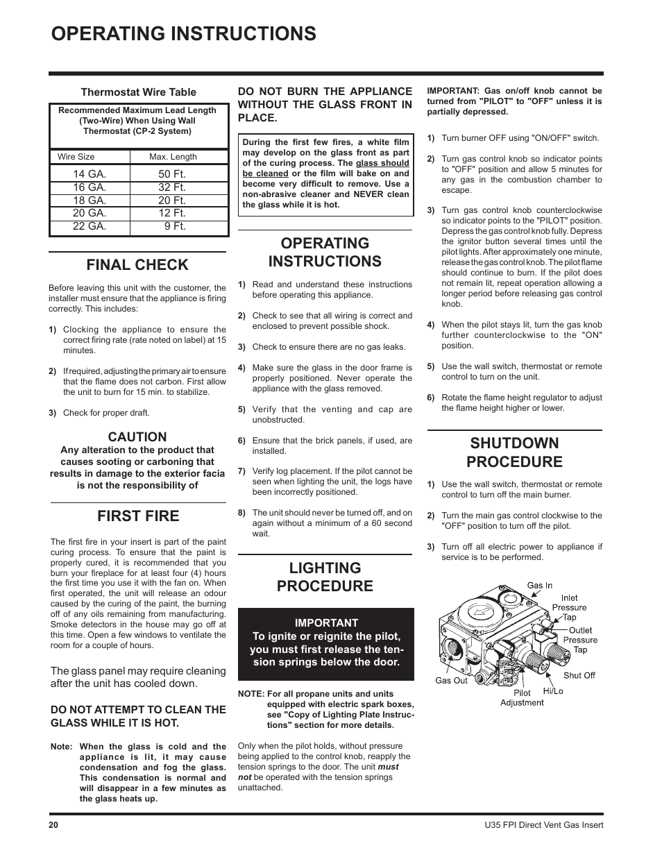 Operating instructions, Shutdown procedure, First fire | Lighting procedure, Final check, Caution | Regency Gas Insert U35-NG1 User Manual | Page 20 / 32