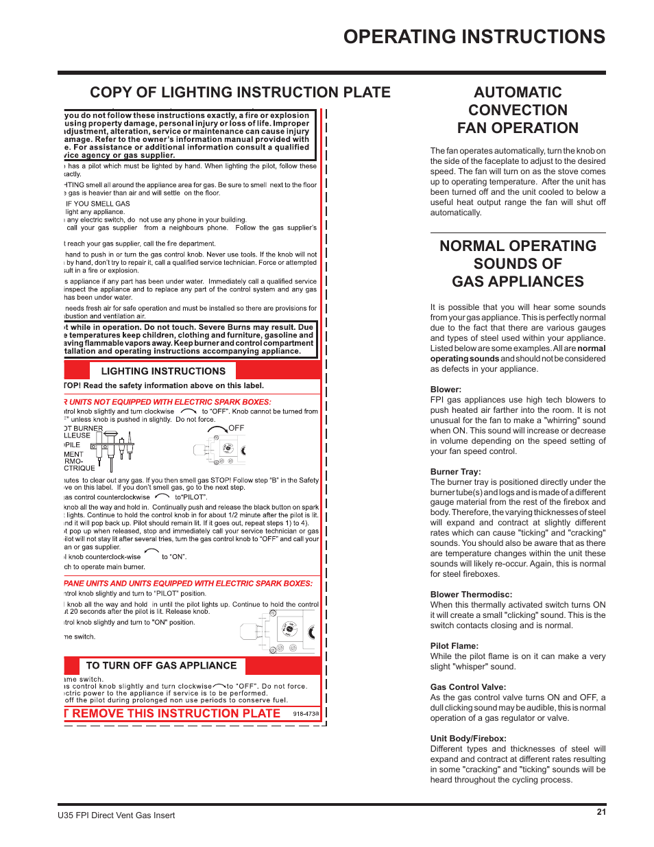 Operating instructions, Normal operating sounds of gas appliances | Regency Gas Insert U35-NG1 User Manual | Page 21 / 32