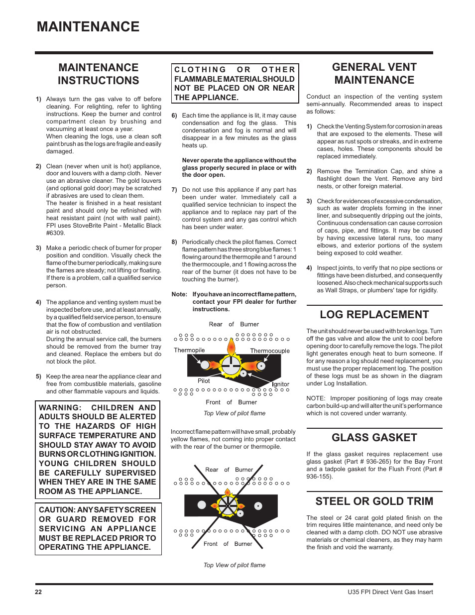 Maintenance, General vent maintenance, Log replacement | Glass gasket, Steel or gold trim, Maintenance instructions | Regency Gas Insert U35-NG1 User Manual | Page 22 / 32