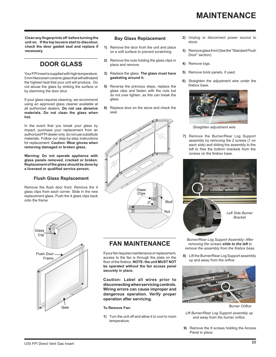 Maintenance, Fan maintenance, Door glass | Regency Gas Insert U35-NG1 User Manual | Page 23 / 32