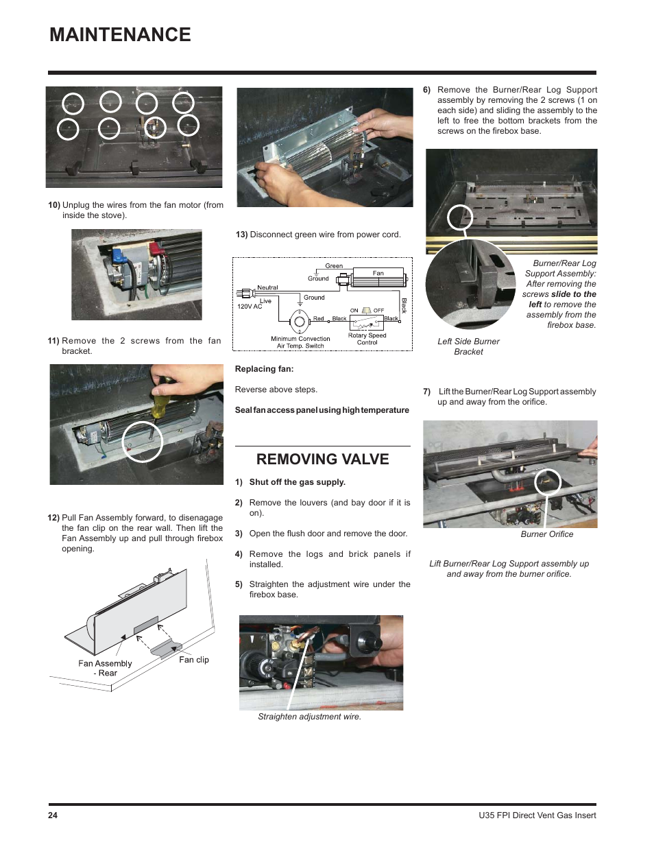 Maintenance, Removing valve | Regency Gas Insert U35-NG1 User Manual | Page 24 / 32