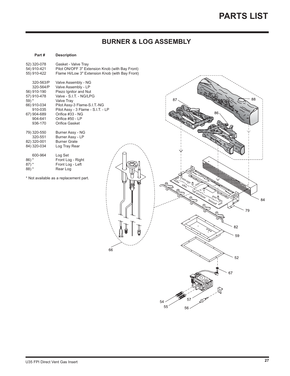 Parts list, Burner & log assembly | Regency Gas Insert U35-NG1 User Manual | Page 27 / 32